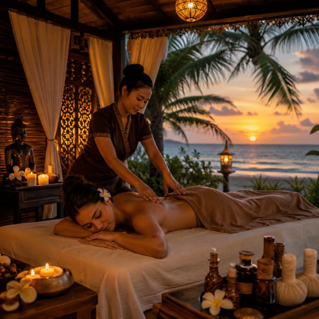 "A serene spa setting in Goa featuring a relaxing Thai massage session in a tropical ambiance with soft candlelight, elegant décor, soothing wellness elements, and a peaceful beachside atmosphere in Calangute."