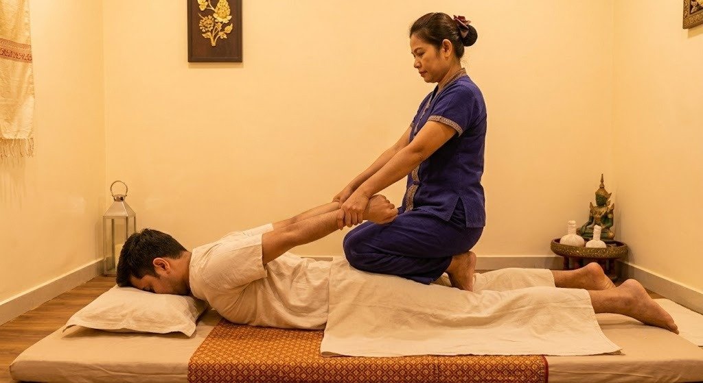 Authentic Thai Massage session at Hands On You Thai Spa, Calangute – Assisted stretching and acupressure.