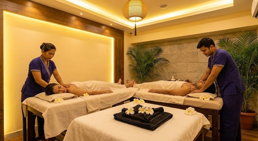 Private Couple Massage suite at Hands On You Thai Spa, Calangute, Goa – Simultaneous relaxation.